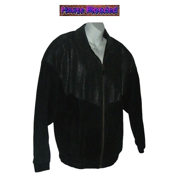 Vintage 90's Stefano Black Suede Leather Bomber Jacket Print Retro Plus 16 Goth - Picture 6 of 13